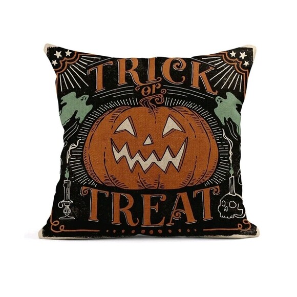 4 Retro Style Halloween Linen Pillow Covers 18x18 Cat Pumpkin Skeleton Bat Decor - Picture 9 of 16